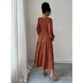 thumbnail image 6 of Autumn Women'S Long Sleeve Ruffled Round Neck Layered Flowing Wedding Guest Maxi Dress Brown L, 6 of 7