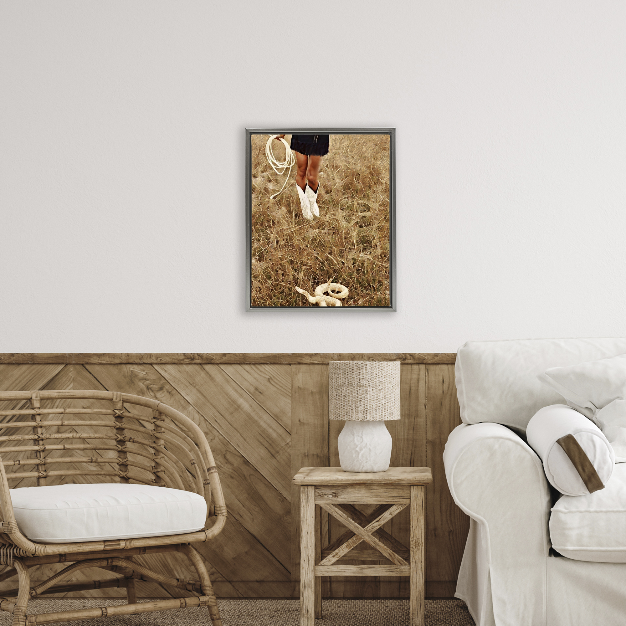 With Her Lasso & Snake Gray Framed Floater Canvas Wall Art, design by Jesse Keith
