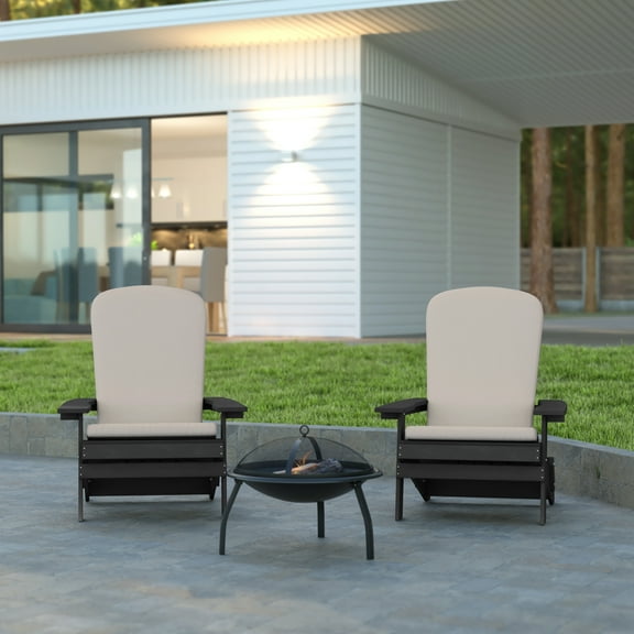 Emma   Oliver Set of Two All-Weather Poly Resin Folding Adirondack Chairs for Indoor/Outdoor Use in Black with Cream Cushions