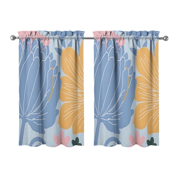 Vintage Blue and Yellow Block Flowers Tier Kitchen Curtains for Bathroom Living Rod Pocket Window Drapes 28"x39" 2 Panels Window Treatment Tiers