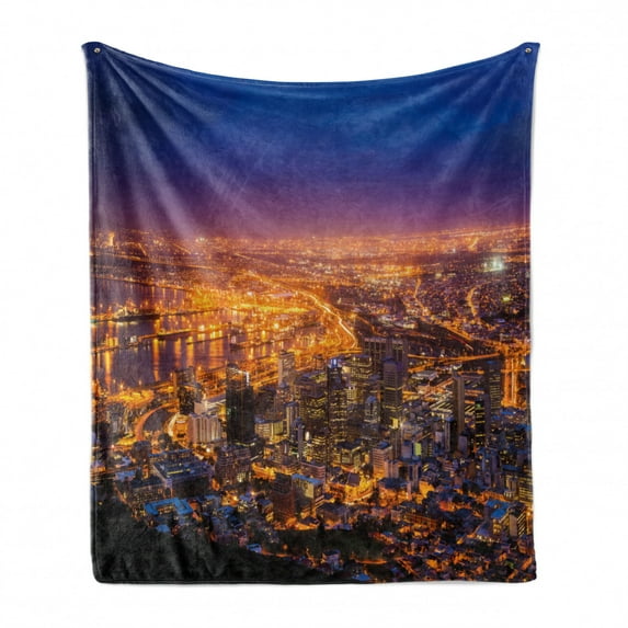 City Soft Flannel Fleece Blanket, Cape Town Panorama at Dawn South Africa Coastline Roads Architecture Twilight, Cozy Plush for Indoor and Outdoor Use, 50" x 70", Marigold Blue Pink, by Ambesonne