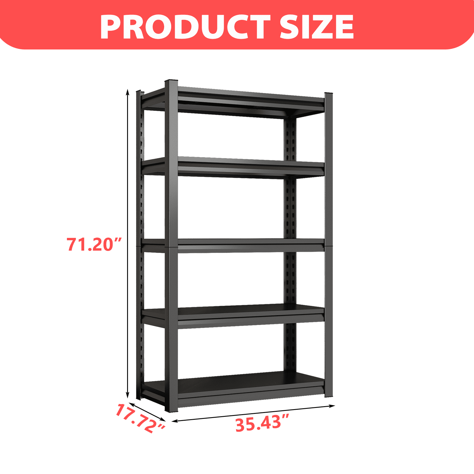 5-Tier Heavy Duty Metal Storage Shelving Unit, 2000 LBS Load Capacity Adjustable Shelves Organizer Rack for Home, Garage & Warehouse, 71.20"H x 35.43"W x 17.72"D, Black
