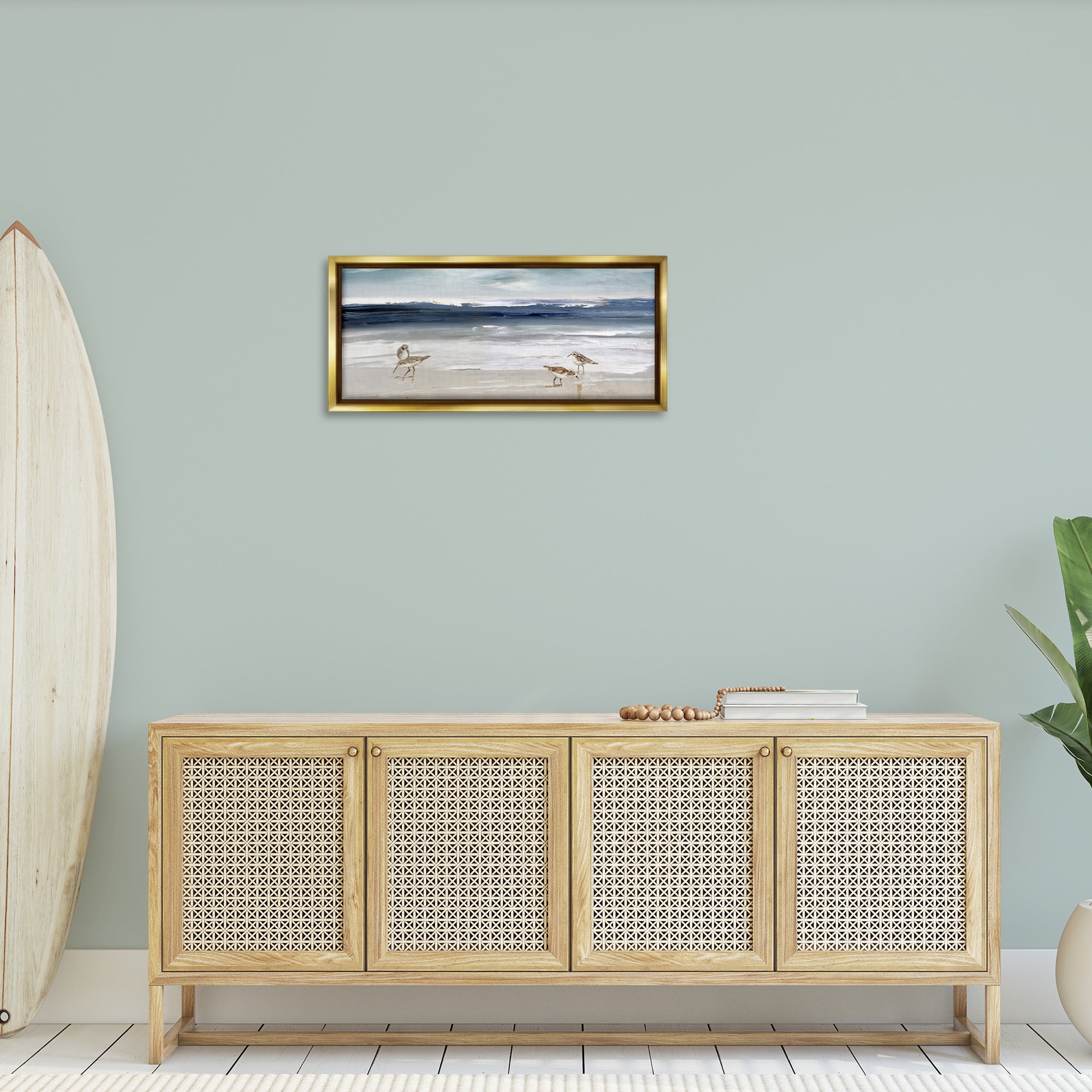 Stupell Industries Sandpipers Grazing Sea Shore Nature Painting Gold Floater Framed Canvas Art Print Wall Art, 31 x 14