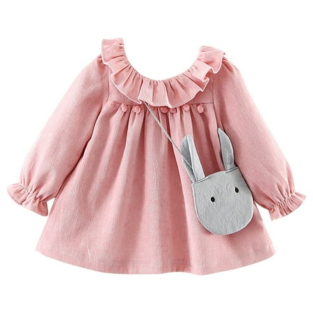 

HTGFGMGW Girls Dresses Girls Fall Winter Long Sleeve Solid Colour Hairball Decoration Ruffle Neckline Girls Dress Princess Dress Dresses for Girls Pink