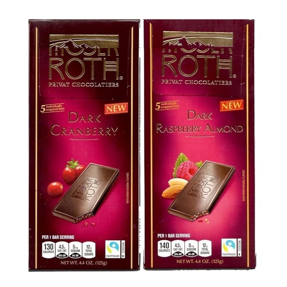 Moser Roth Premium Dark Chocolate Assortment Raspberry Almond & Cranberry Bars 2-Pack 4.4 oz (125g)