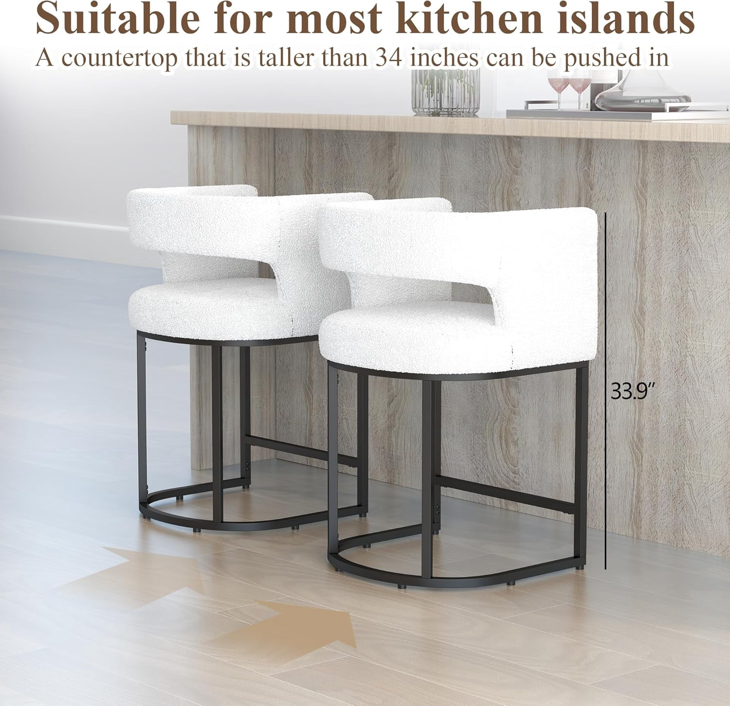 Westice Counter Height Stools for Kitchen Island Set of 2, 28" Barral Bar Stools with Backrest, Black Metal Frame, Upholstered Linen Fabric Stools for Pub, Club, Dining Room, Beige