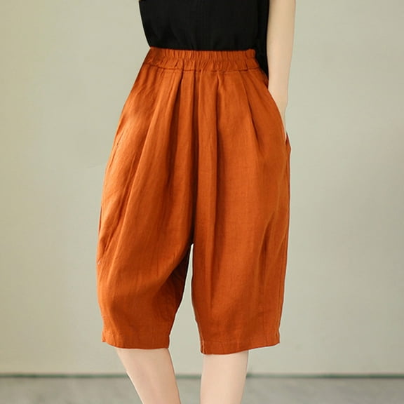 up to 60% off Gifts Usmixi Womens Elastic Waist Half Pants Casual Solid Plus Size Loose Wide Leg 1/2 Shorts Summer Breathable Cotton Linen Pocket Shorts Orange m