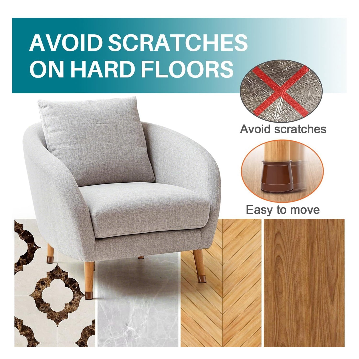 24 Pcs Chair Leg Floor Protectors Square, Silicone Felt Furniture Leg Pads Caps Covers for Hardwood Floors (Fit:1-5/8" to 2")