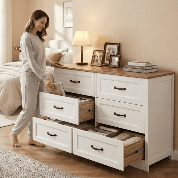 Lofka Two-Tone Dresser for Bedroom - 6 Drawer White Cabinet & Brown Wood Top, Modern Farmhouse Storage Chest, Sturdy Bedroom Dresser with Metal Handles & Anti-Tip Design