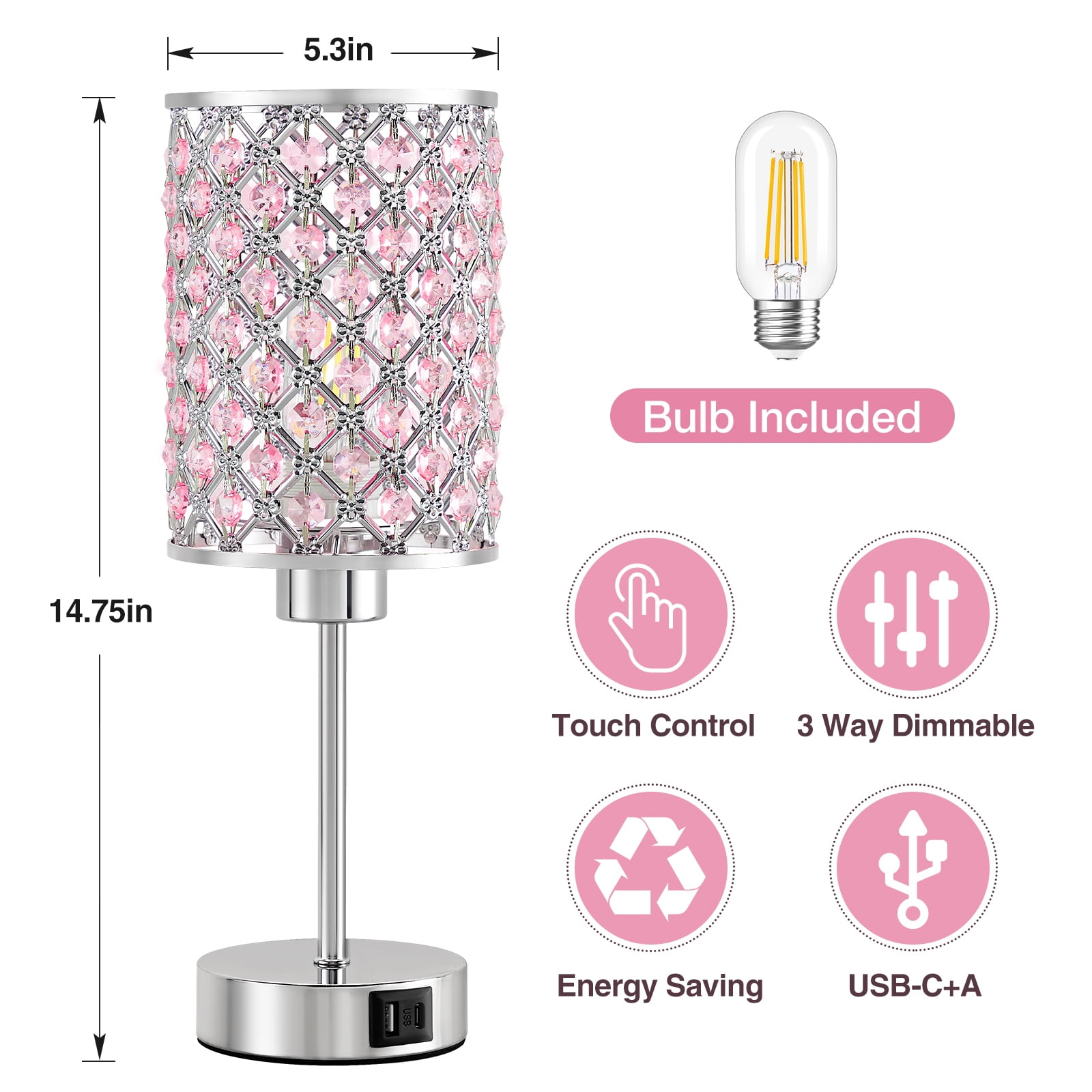 NATYSWAN Touch Crystal Table Lamp, 3-Way Dimmable Nightstand Lamp with USB Ports,Modern Bedside Lamp for Bedroom, Living Room,Pink