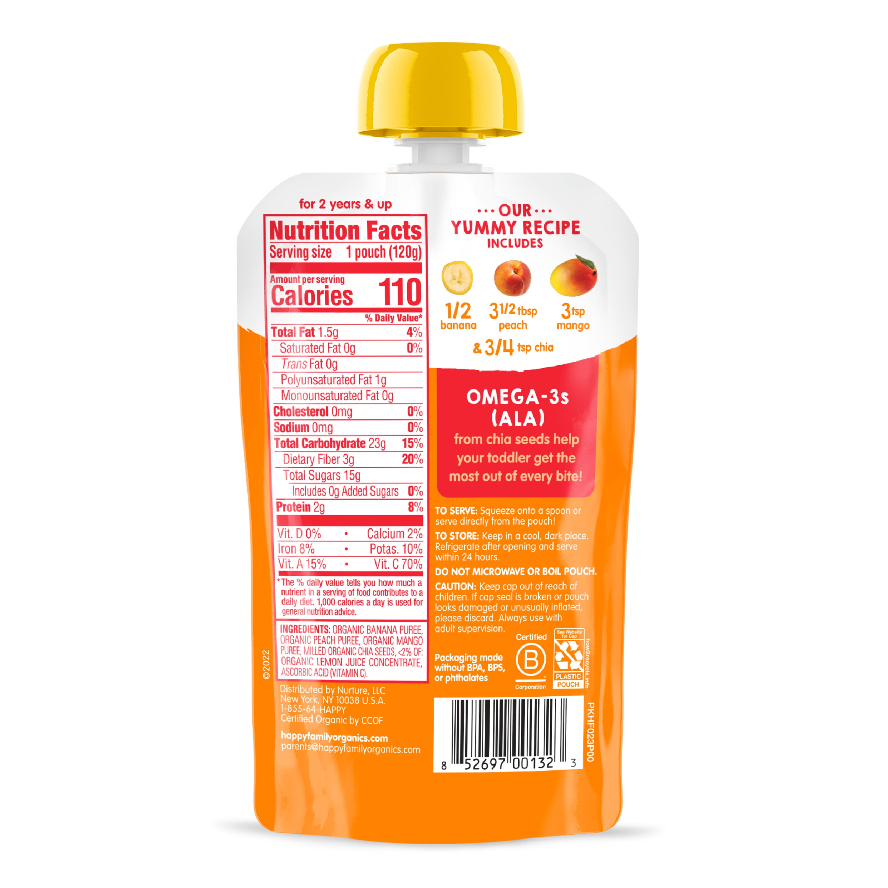 Happy Tot Organics Super Foods Stage 4, Bananas Peaches Mangos & Chia, Organic Tot Food, 4.22 oz Pouch