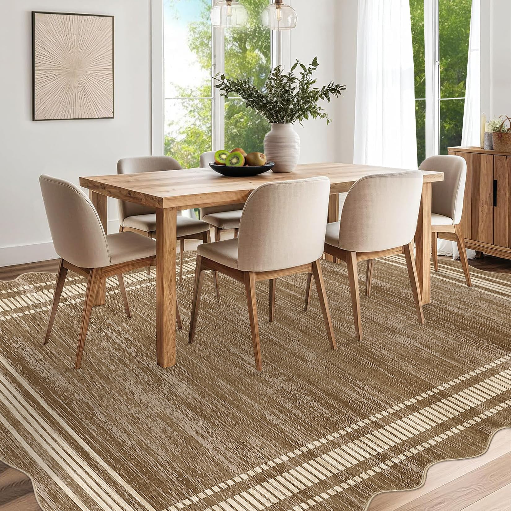 Scalloped Modern Abstract Area Rug 8x10 Washable Rug for Living Room, Non-Slip Soft Carpet for Bedroom, Scalloped Low-Pile Solid Print Accent Rug for Dining Room Home Office, Brown