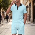 thumbnail image 2 of hotojiny Men's 2 Pieces Summer Outfits Stylish Color Block Button Collared Shirt and Shorts Set for Golf Beach Clothes(Sky Blue,Small), 2 of 5