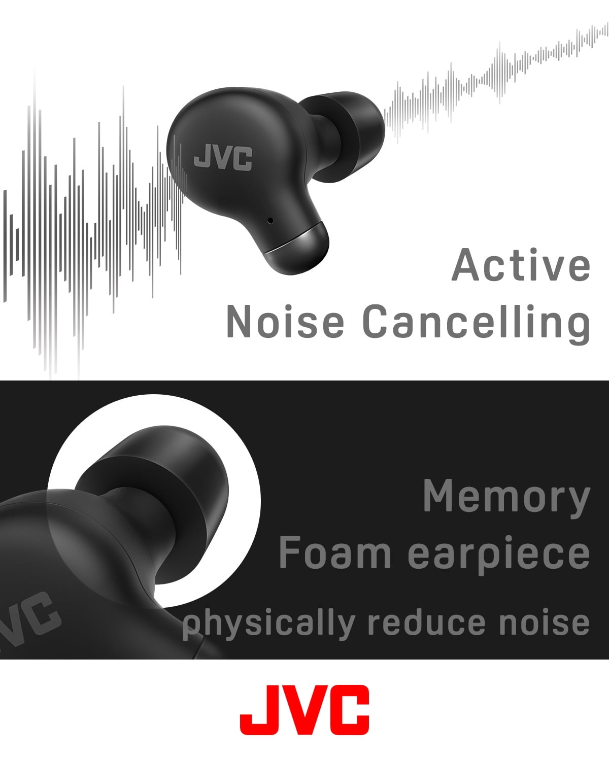 JVC Active Noise Cancelling True Wireless Earbuds - Bluetooth 5.3 with ANC - Comfortable Fit with S/M/L Silicon & Memory Foam Earpieces - IPX4 Water Resistant - 28 Hrs Playback - Compact Charging Cas