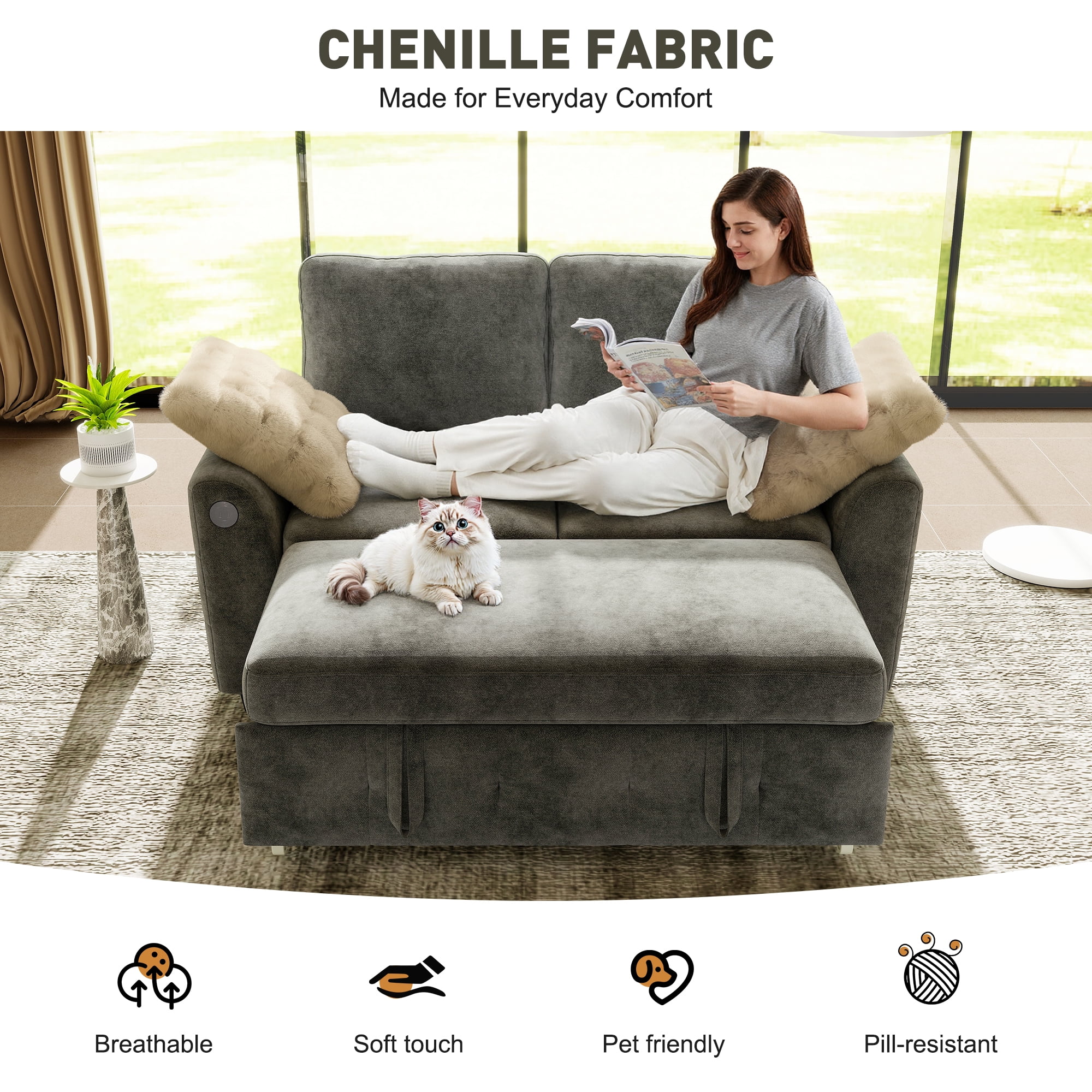 BedLuxury 59" Sleeper Loveseat With Pull Out Bed, Corduroy Sofa Bed With USB Charging for Small Spaces, Chenille Gray