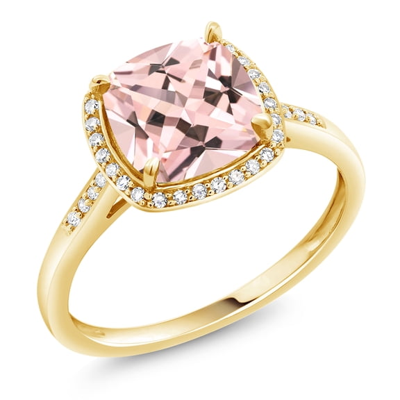 Gem Stone King 2.25 Ct Cushion Peach Nano Morganite White Diamond 10K Yellow Gold Ring