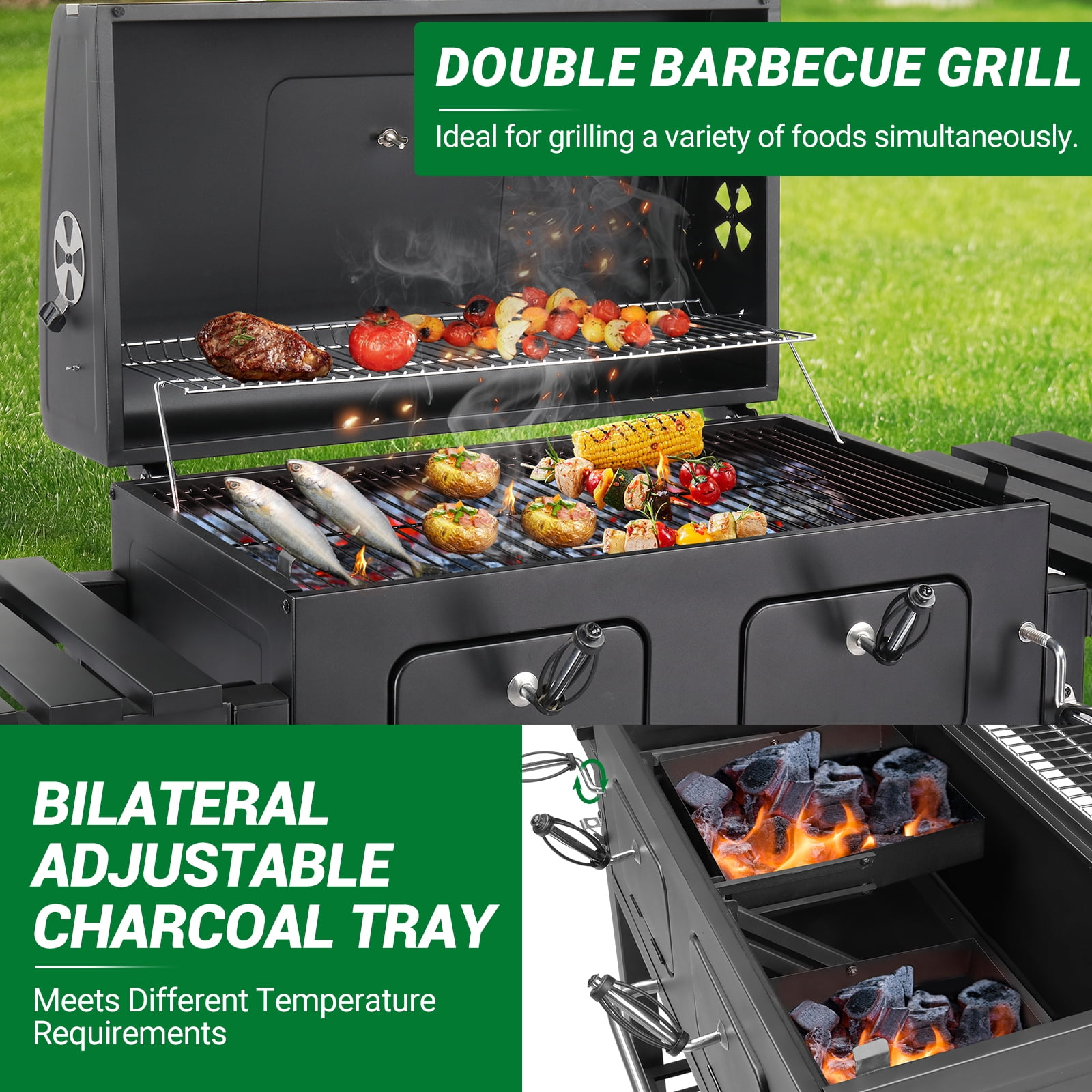 Zimtown BBQ Grill Outdoor Charcoal Barbecue Pit Smoker with Double Charcoal Tray Separable Adjustment Independent Temperature Control for BBQ Events,Party,Wedding