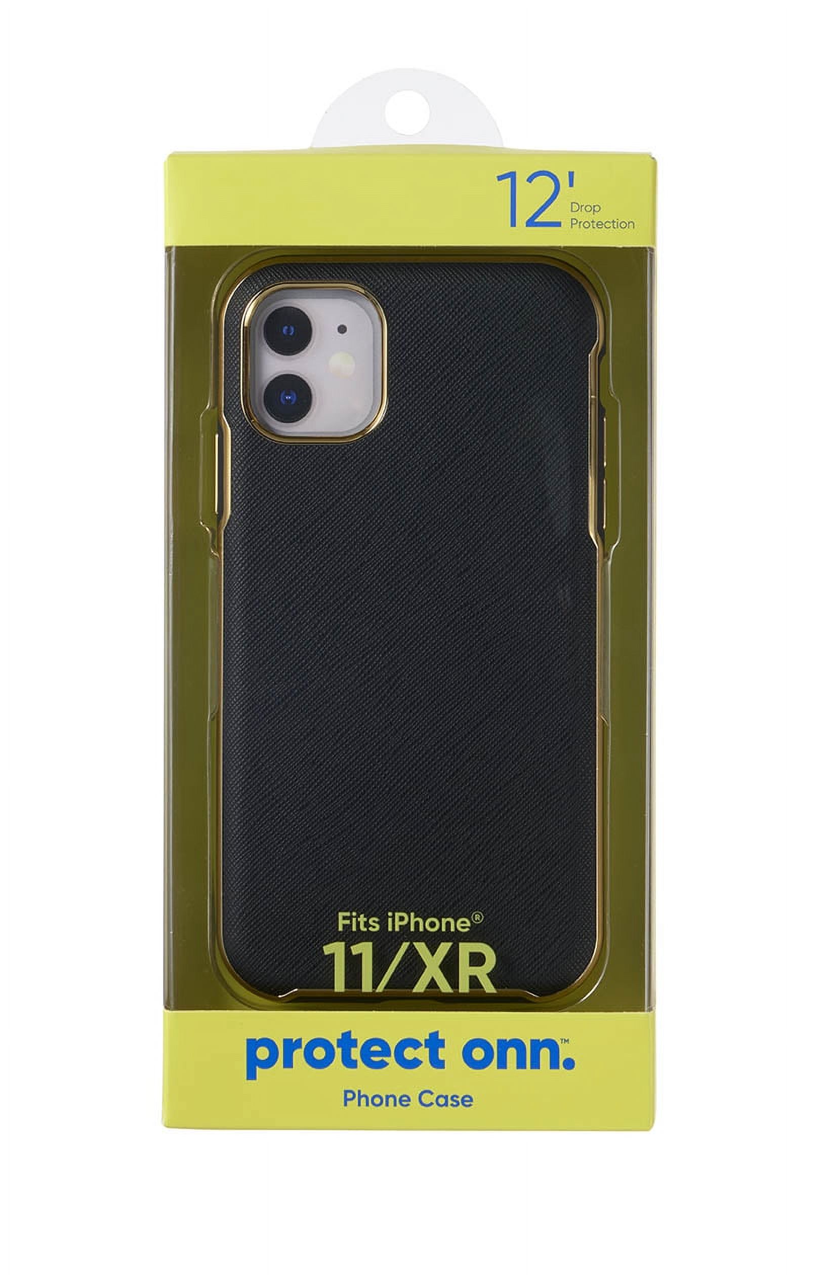 onn. Vegan Leather with Gold Metallic Trim Case for iPhone 11 / iPhone XR - Black