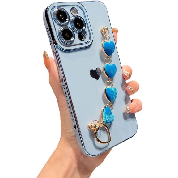Compatible with iPhone 14 PRO MAX 5g Case with Love Heart Bracelet Luxury Cute Hearts Cover for Women with Metal Chain Strap Gold Plated with Side Love Pattern Soft Shockproof Bumper (Blue)