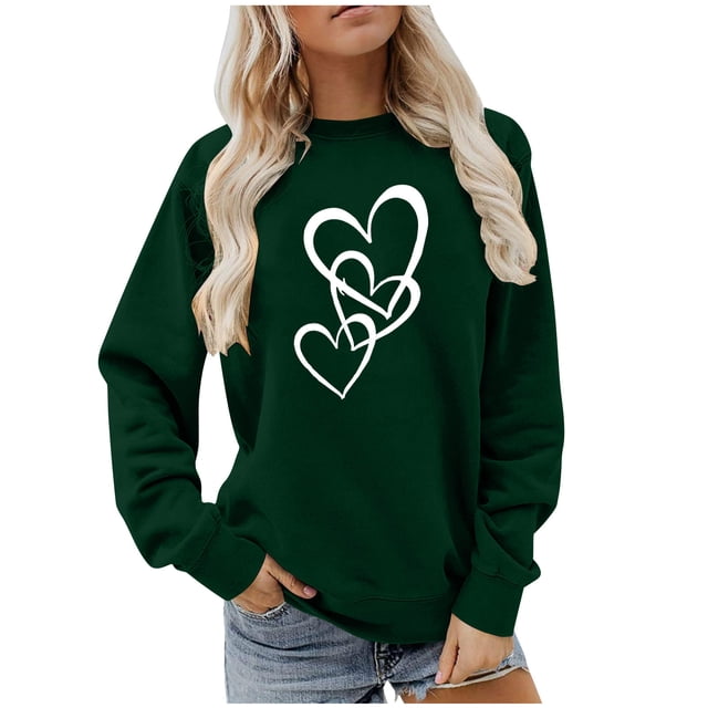 Jsaierl Sweatshirts pour Femmes Sweatshirt Graphique Tendance Décontracté Imprimé Cœur Mignon Hauts Automne Manches Longues Col Rond Pullovers