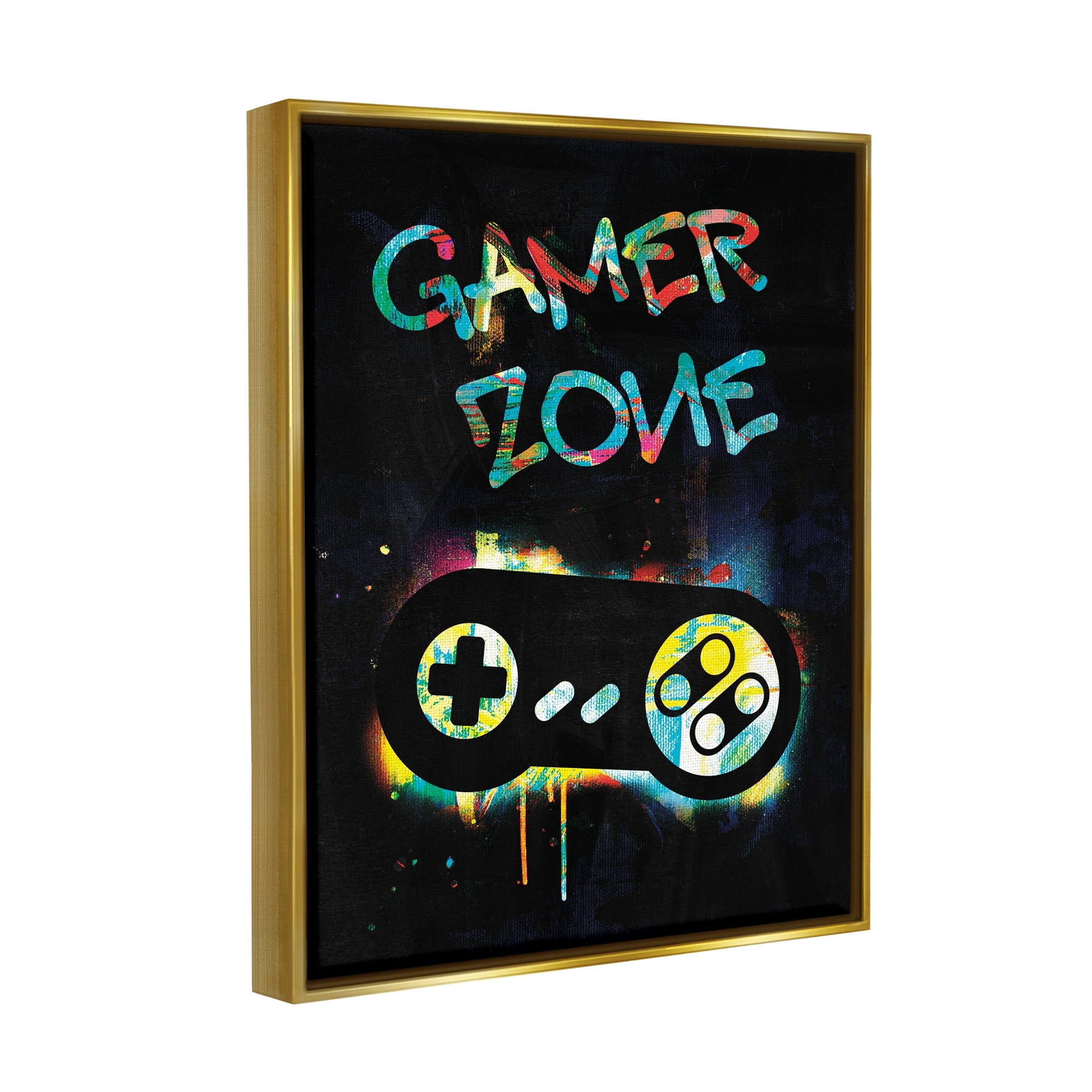 Stupell Industries Gamer Zone Vintage Controller Neon Paint Splatter Graphic Art Metallic Gold Floating Framed Canvas Print Wall Art, Design by Victoria Barnes