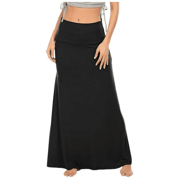 XIAONU Womens Skirts Casual Ruched Stretchy High Waist A Line Skirt Solid Color Trendy Flared Midi Skirt For Ladies