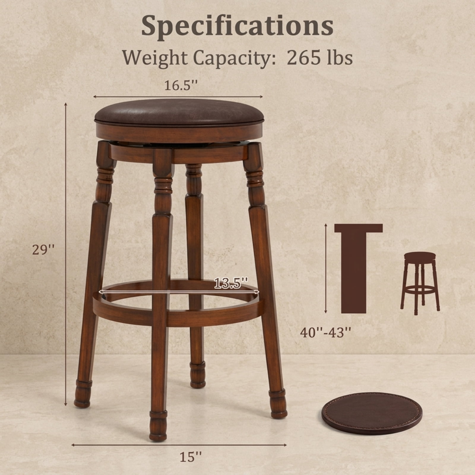 Furnibear Set of 2 29-Inch Swivel Leather Padded Dining Bar Stools for Kitchen Island Counter Bar Pub Dining Home, Walnut