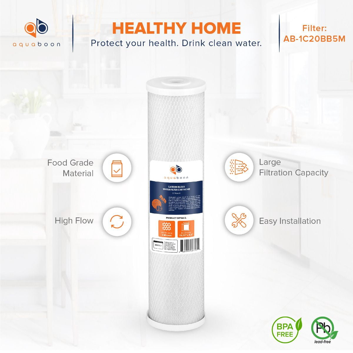 Aquaboon Coconut Shell Water Filter Cartridge | Activated Carbon Block CTO | Universal Whole House 5 Micron 20 inch Cartridge | Compatible with EPM-20, CB-20, 155783-43, FC25B 2-PACK