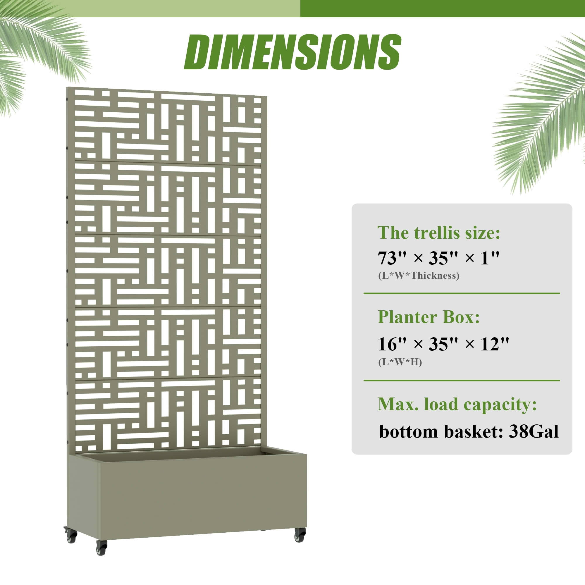 MAYEERTY 72X35" Metal Outdoor Olive Gray Privacy Screen with Planter Box for Backyard & Garden, 5 Piece Set
