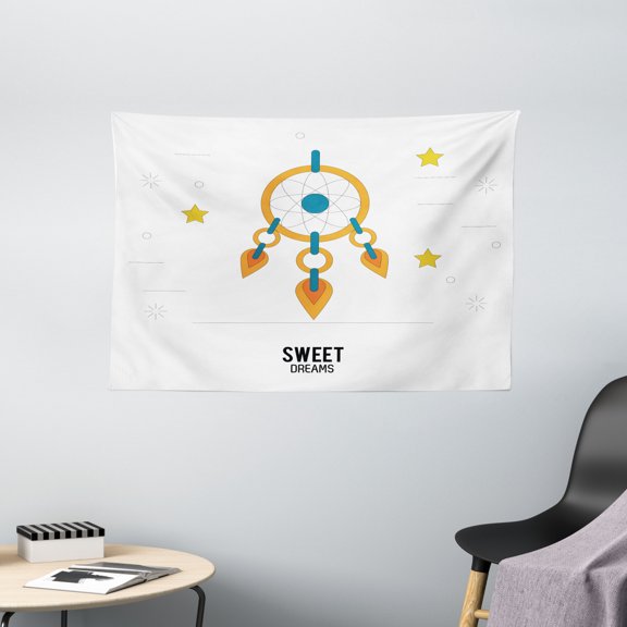 Sweet Dreams Tapestry, Dream Catcher Design with Stars Stripes Background Night Doodle, Wall Hanging for Bedroom Living Room Dorm Decor, 60W X 40L Inches, Orange Yellow Petrol Blue, by Ambesonne