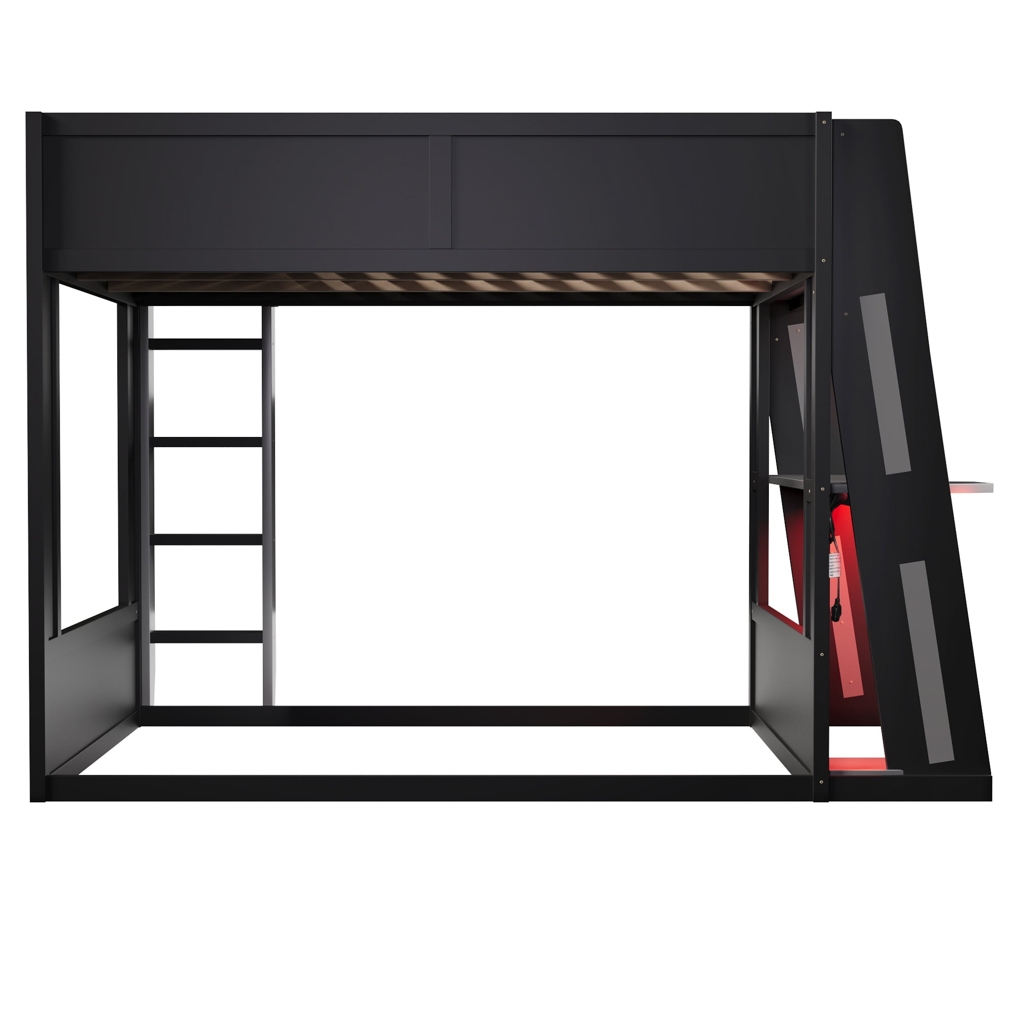 Euroco Queen Size Bunk Bed with Desk and Shelves, Gaming Bed with LED Light and USB Charging, Black & Grey