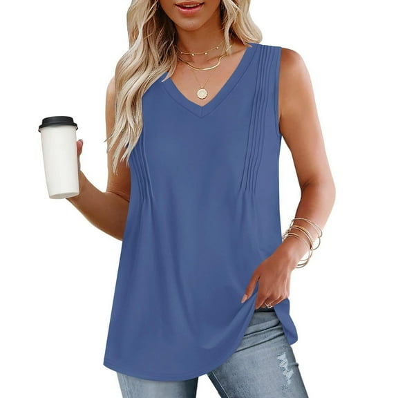 GaThRRgYP Womens Plus Size Tops,Fashion Women's Spring/Summer Solid Color Casual V-neck Sleeveless Top Tank Top Blue S
