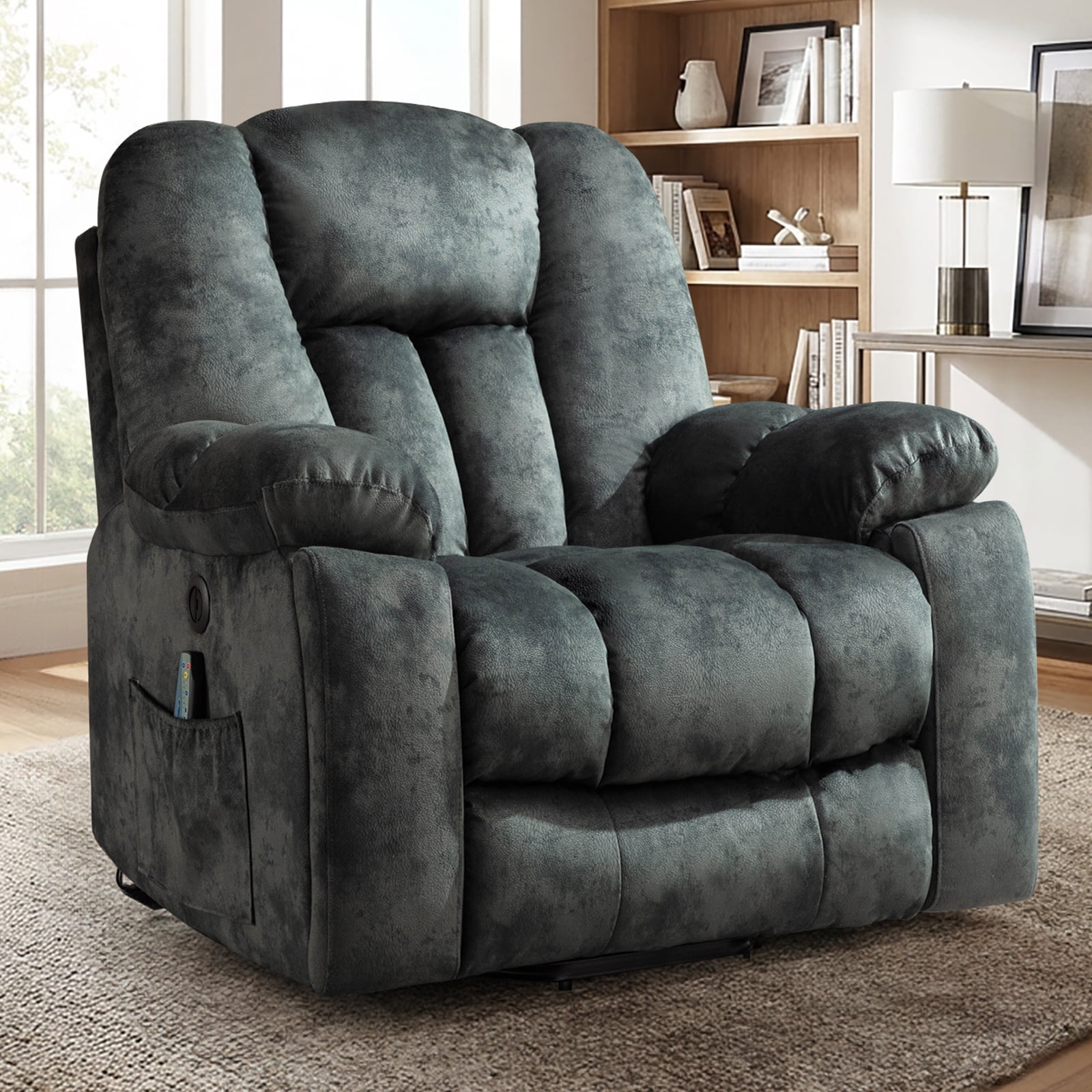 Ebello Large Power Lift Recliner Chair with Heat Massage, USB Ports - Ergonomic Recliner Chair for Elderly, Greenish Gray