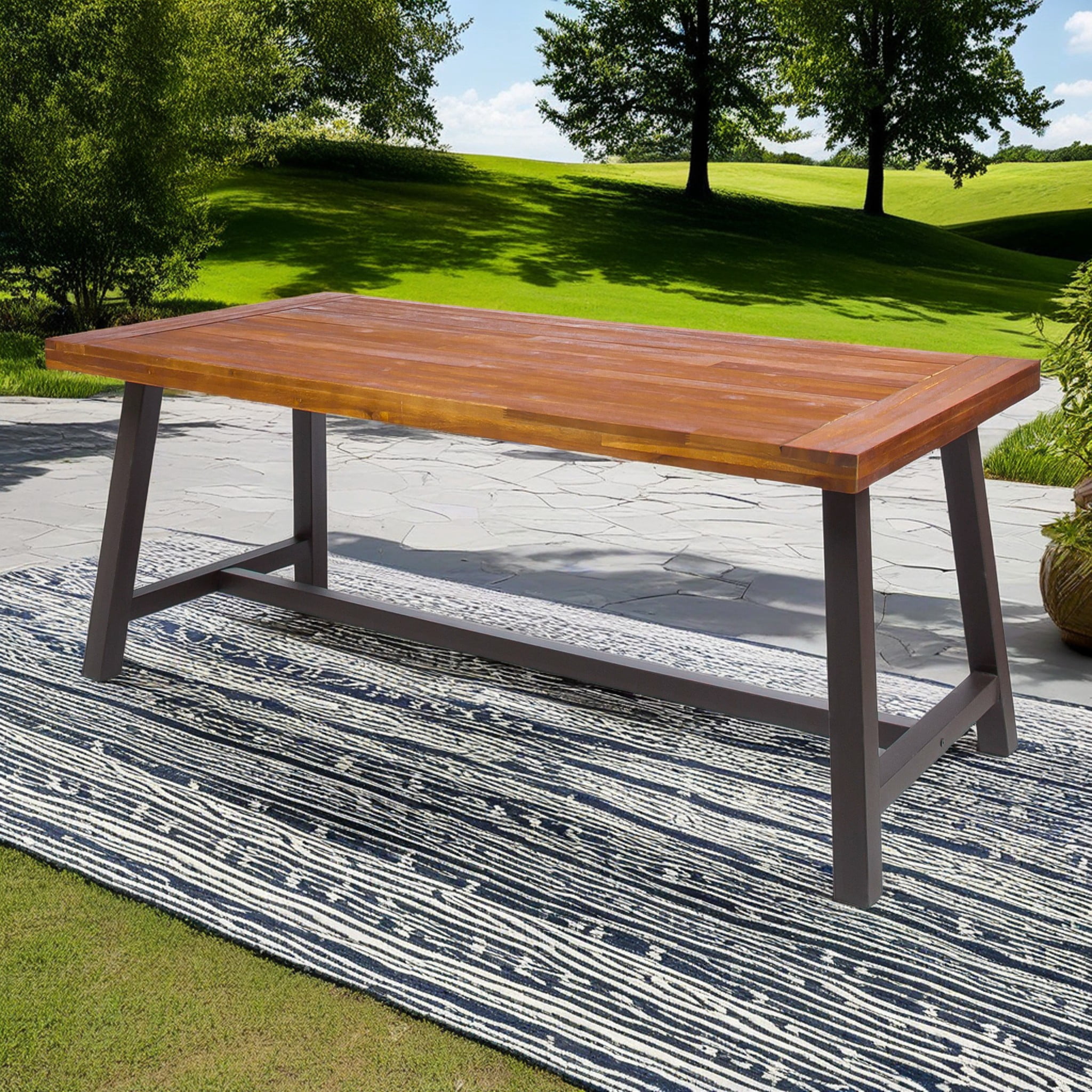 Dining Table, Outdoor Carlie Sandblast Finished Dining Table with Rustic Metal Legs for Patio Garden, Natural