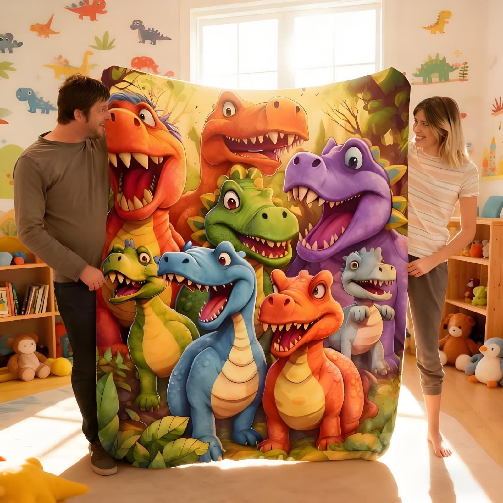 Dinosaur Blanket for Boys - 50x60in Cute Smiling Dinosaurs HD Digital Print Flannel, Soft Cozy Warm Lightweight Dino Blanket, All-Season Animal Theme for Boys Girls