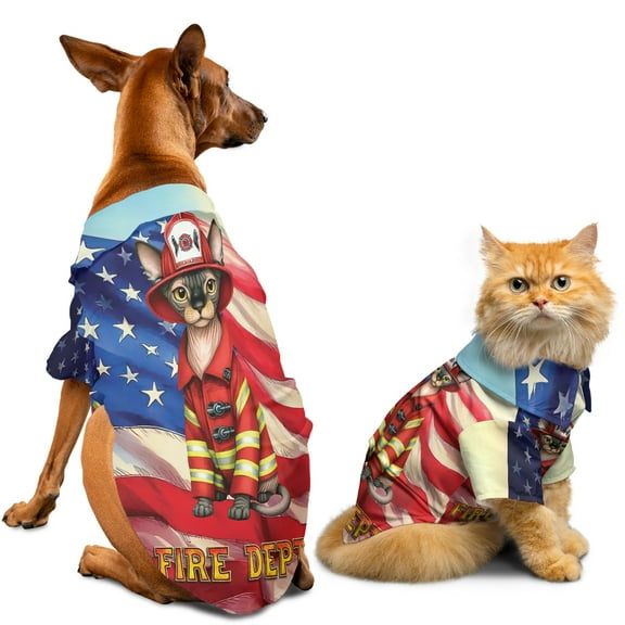 Firefighter Sphynx Hero Rescue Fire Dept Fireman USA Flag Hawaiian Summer Shirt for Small Medium Large Dog Cat Cat Lover Kitten Owner Gifts Idea - 02026