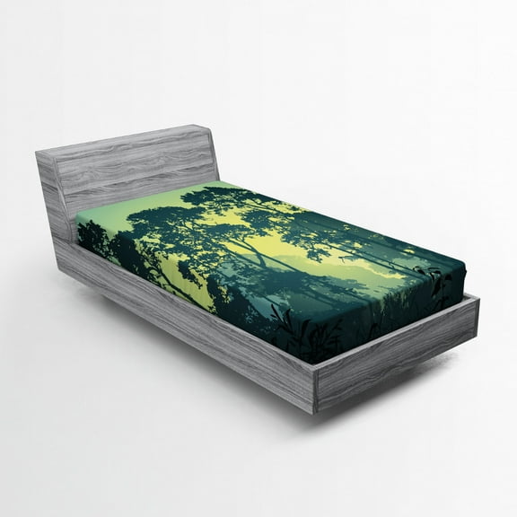 Ambesonne Nature Fitted Sheet, Mist Forest Trees Scene, Twin Size, Hunter and Green