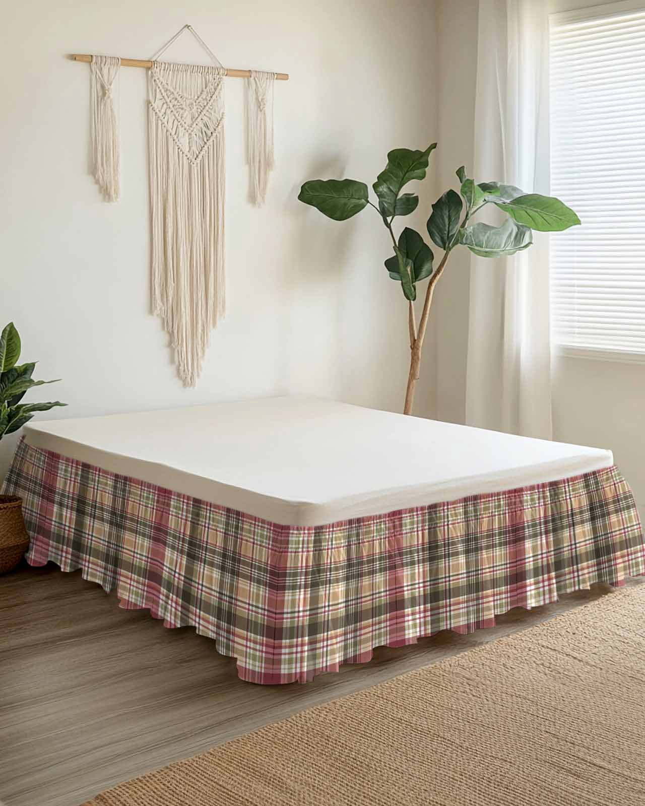 Buffalo Plaid Wrap Around Bed Skirts for Queen Bed 18" Drop,Bed Skirt with Adjustable Elastic Belt Dust Ruffle Bed Valance for Bedroom Hotel Luxury Modern Farmhouse Colorful Checkered Bed Frame Cover