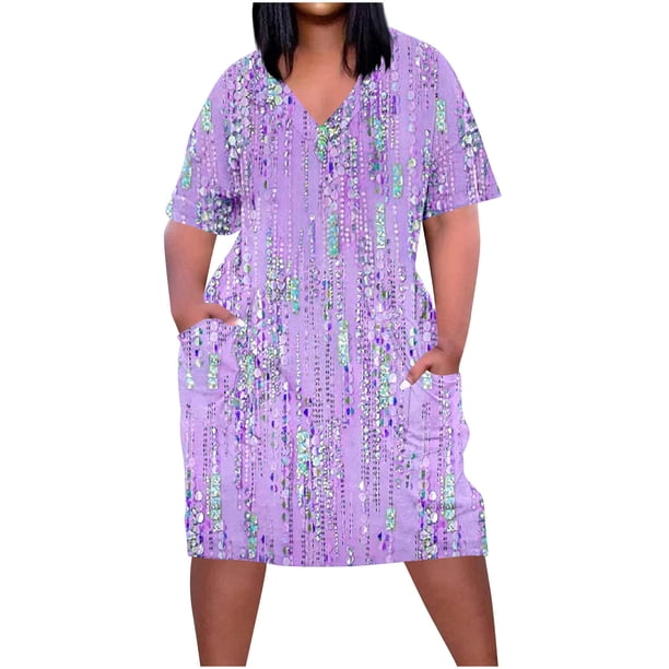 Vestido Corto de Verano Moda Grande Impresión de Manga Corta Cuello en V Bolsillo Mini Vestido para Casual Y Diario