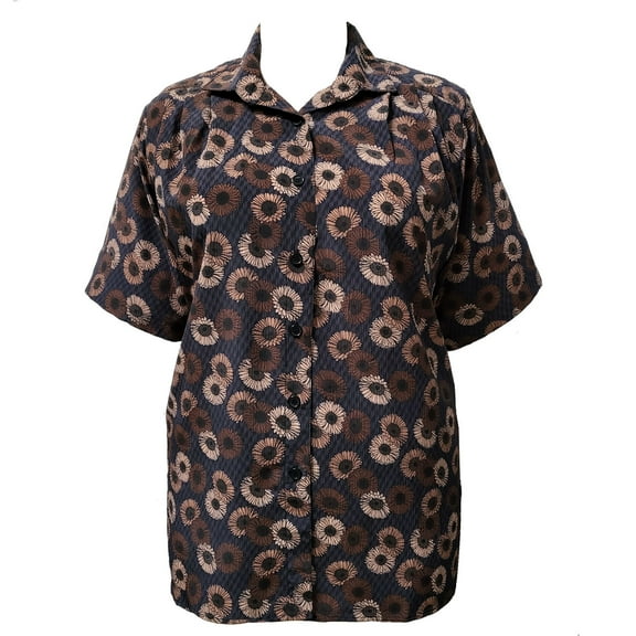 A Personal Touch Women's Plus Size Short Sleeve Button-Front Tunic with Pleats - Brown Sunflowers - 7x