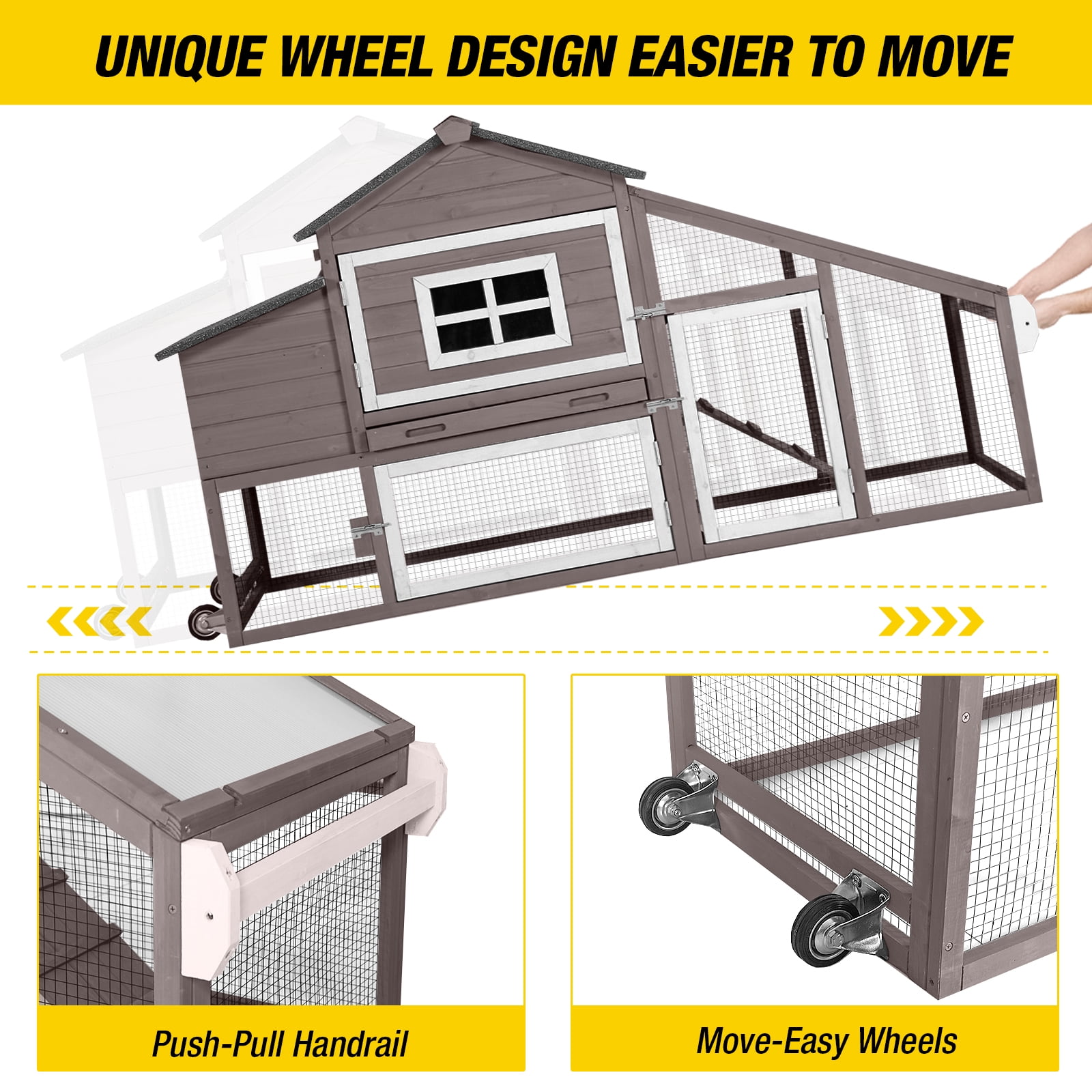 Aivituvin Mobile Chicken Coop with Wheels for 2-4 Chickens, Weatherproof Chicken House Poultry Cage with Nesting Box, Leakproof Pull-Out Tray for Outdoor Backyard, Brown