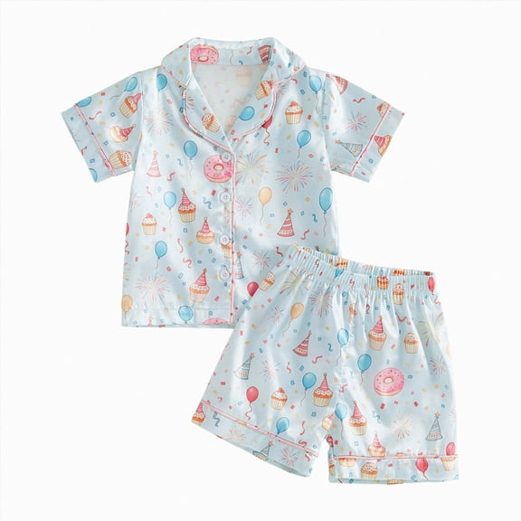 WUANDIXFA Satin Pajamas for Girls Kids Toddler Girl Birthday Pajamas Short Sleeve Satin Button Down Shirt and Shorts Summer 2pcs Pjs Sets Sleepwear 4-5 Years,Blue