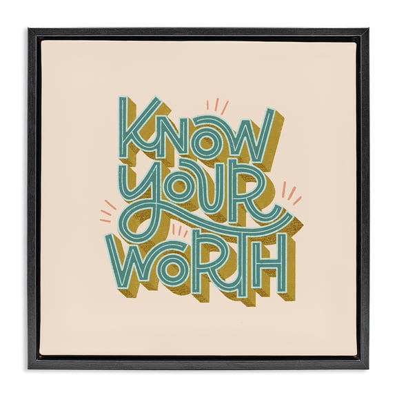 Stupell Industries Mid-Century Know Your Worth Green on Beige Black Floating Frame Canvas Art, 18 x 18, by Sarah Hickman