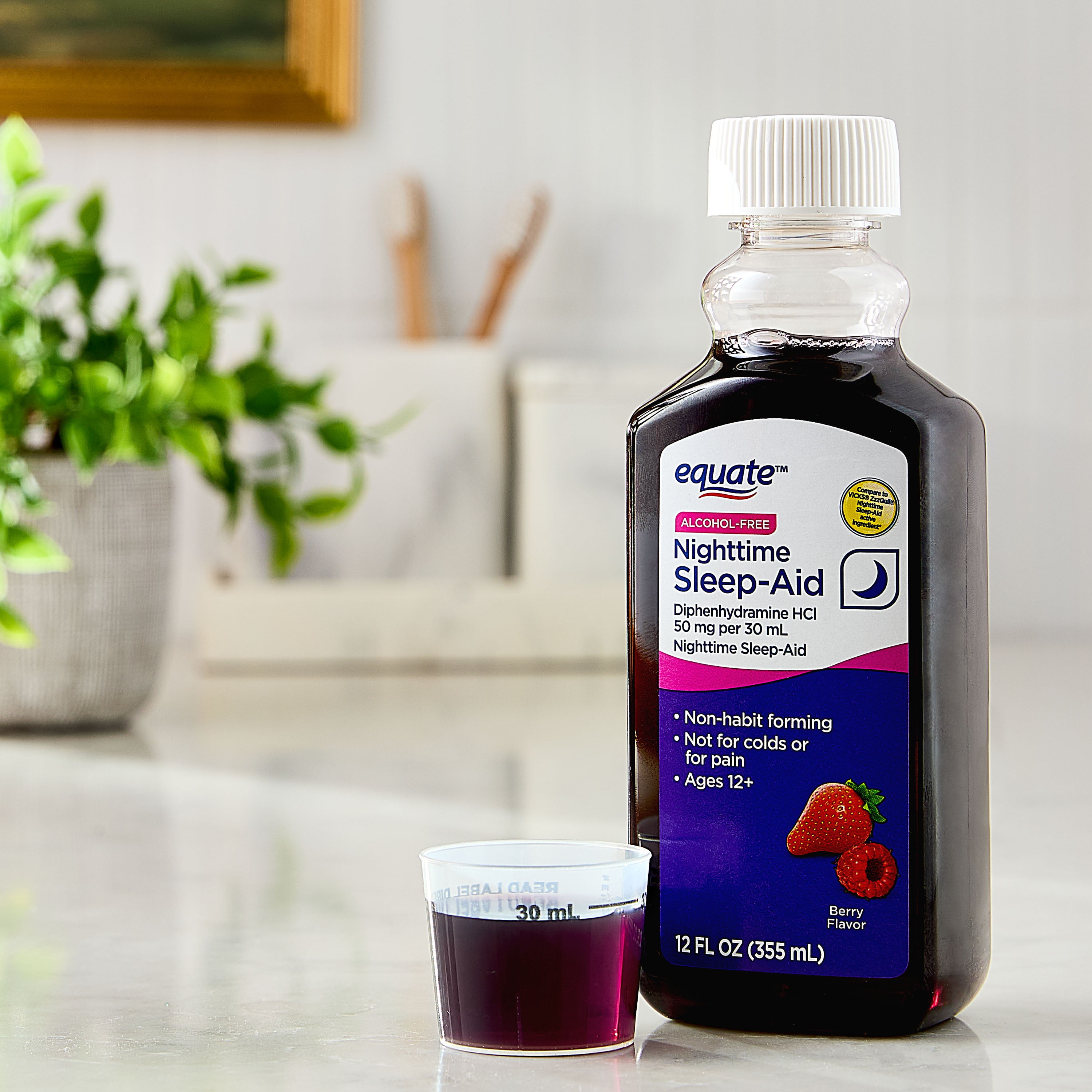 (3 pack) Equate Alcohol-Free Nighttime Sleep Aid Diphenhydramine 50 mg Liquid, Berry Flavor,12 fl oz , Compare to VICKS® ZzzQuil ®Nighttime Sleep-Aid Active Ingredient