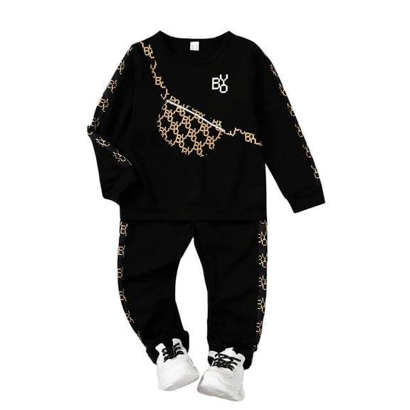 7T Kids Boys Clothes Little Boys Outfits 7T Little Boys Long Sleeve Round Neckline Bag Print Top Pants 2PCS Set Black