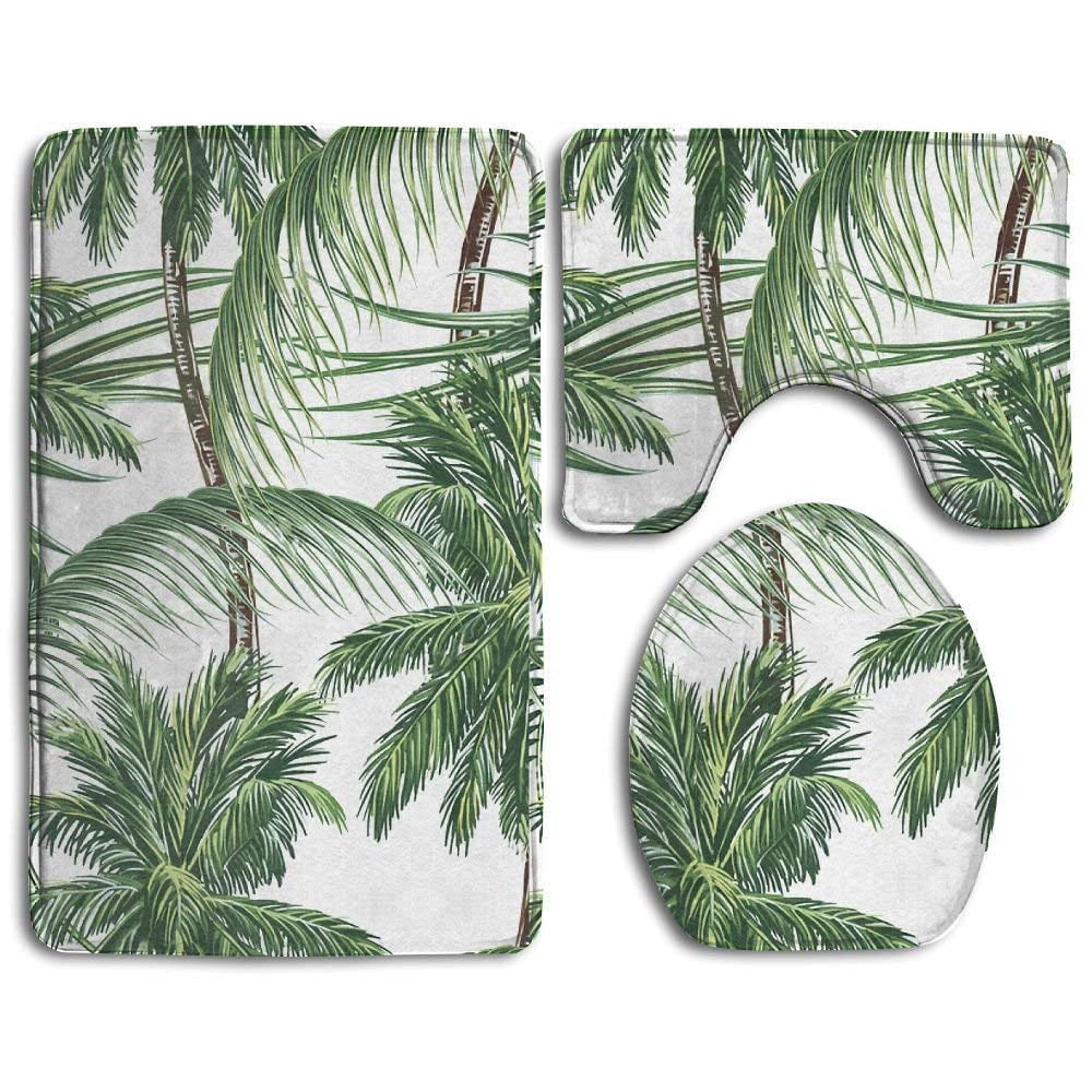 PUDMAD Palm Tree Leaves 3 Piece Bathroom Rugs Set Bath Rug Contour Mat
