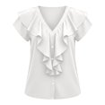 thumbnail image 4 of JIAYUE Women's T Shirt Stylish V Neck Ruffle Short Sleeve Button Down Tees Solid Color Casual Flutter Sleeve Tunic Shirts For Office Daily Wear And Outdoor Tops, 4 of 4