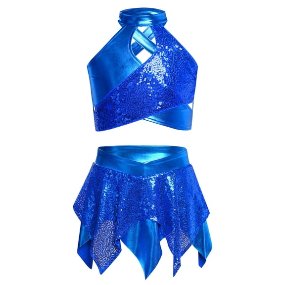 iiniim Girls 2 Piece Dance Outfits Sparkly Sequins Crop Top with Mini Skirt Jazz Latin Ballroom Dancewear Blue 10