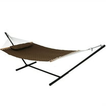 Sunnydaze 2-Person Quilted Polyester Spreader Bar Hammock with Stand, 350 lb Capacity -Brown