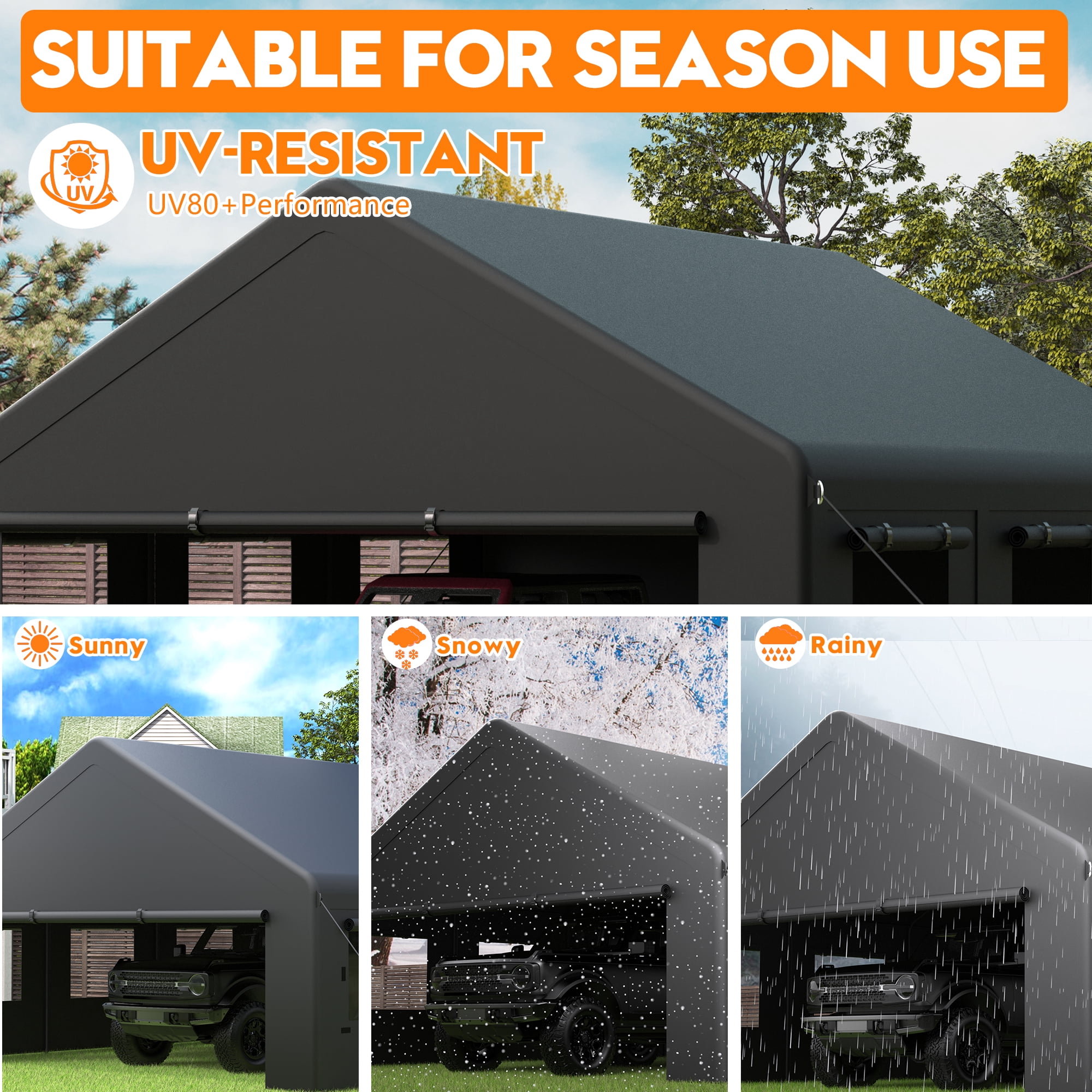 EASYHAWK 20'x20' Heavy Duty Outdoor Garage Carport Canopy with Side-Opening Door, Roll-Up Windows and Four-Hole Base, Black